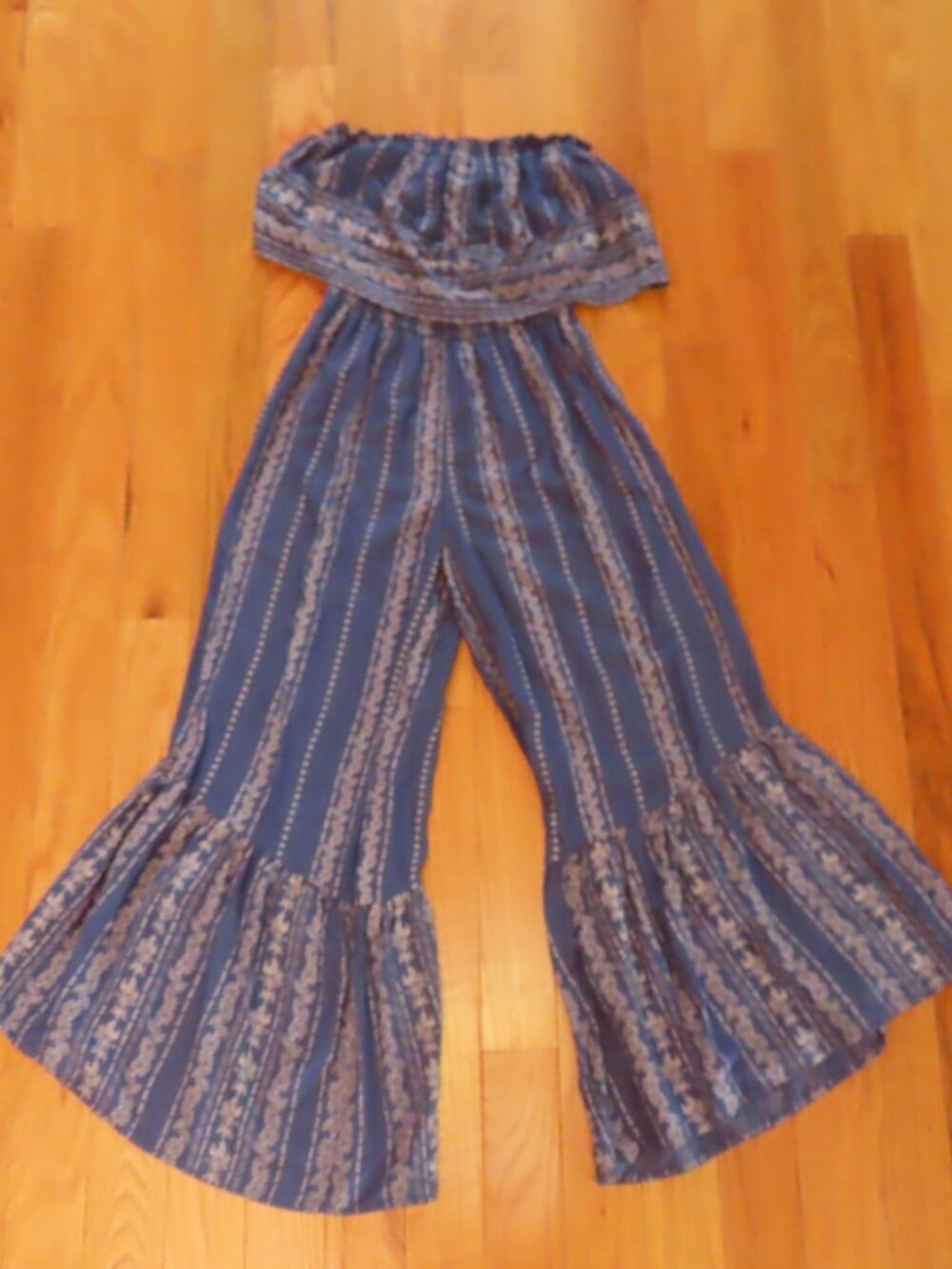 JAPNA Strapless Smocked Boho Wide Leg Jumpsuit Women’s XS Print Blue Beach Flowy